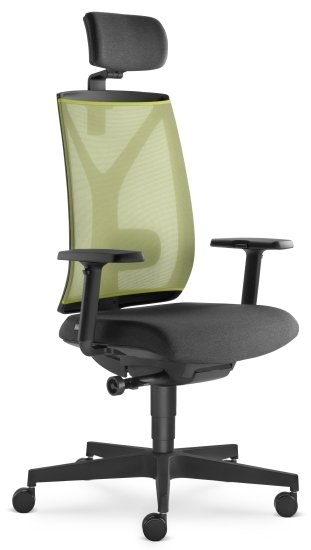 LD seating Leaf 503 SYA, hlavová opěrka, nylonový kříž, područky, černý čalouněný podsedák, síťovaný zelený opěrák, synchronní