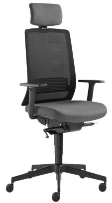 LD Seating Lyra SYS, hlavová opěrka, nylonový kříž, područky, šedý čalouněný podsedák, síťovaný černý opěrák, synchronní